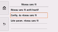 Ecran Paramètres réseau : Sélection Config. du réseau sans fil